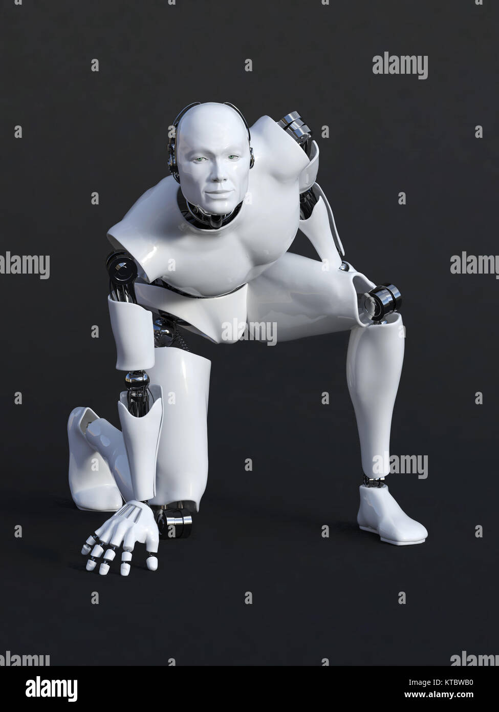 3D rendering of male robot crouching. Stock Photo
