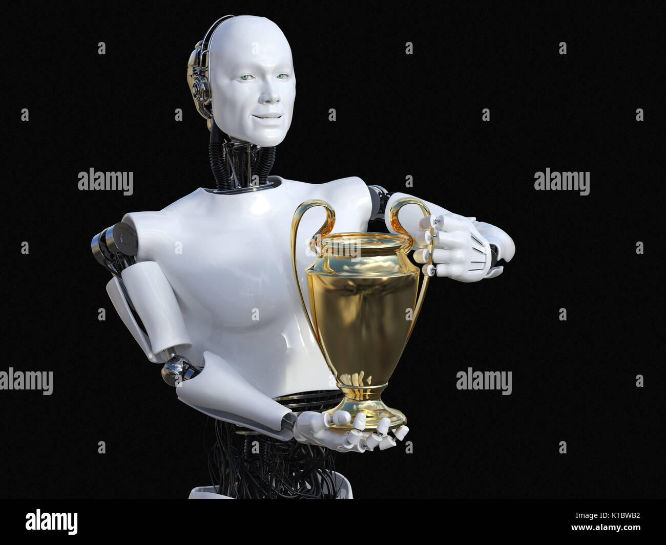 3D rendering of male robot holding trophy award Stock Photo - Alamy