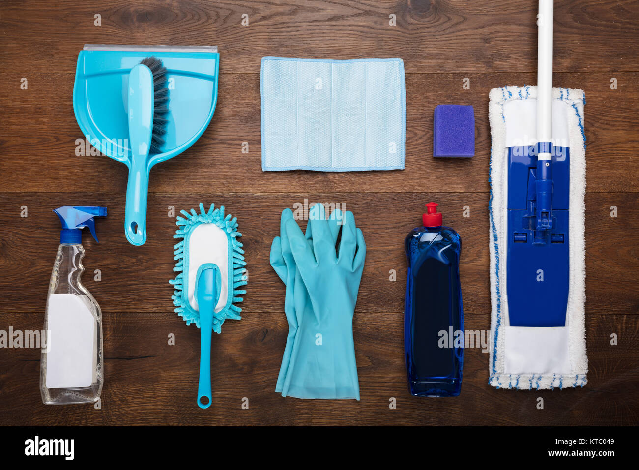 Cleaning Equipment On Wooden Desk Stock Photo Alamy