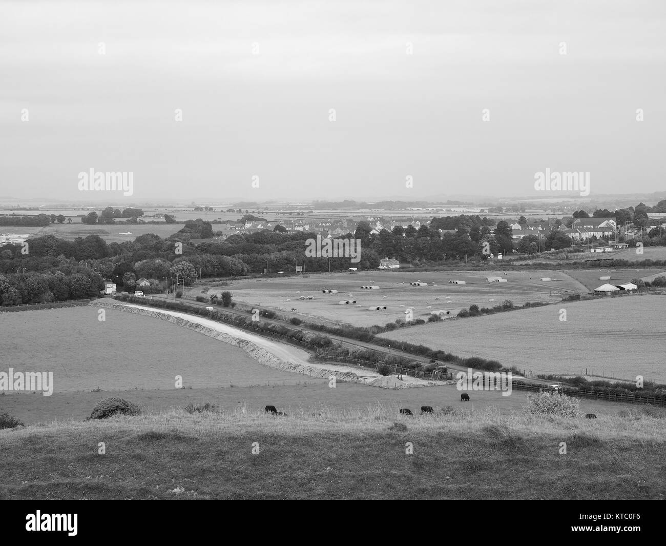 English country panorama in Salisbury in black and white Stock Photo