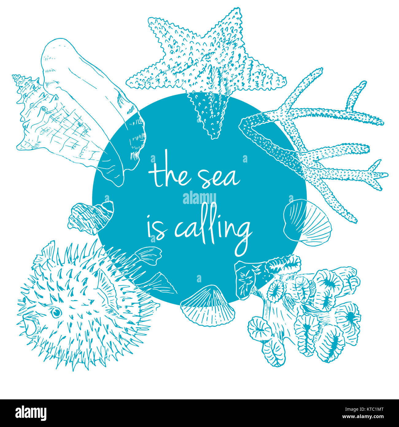 Calling Vocation Sea Shell Sea is calling. Marine background with seashells, corals and starfish ...