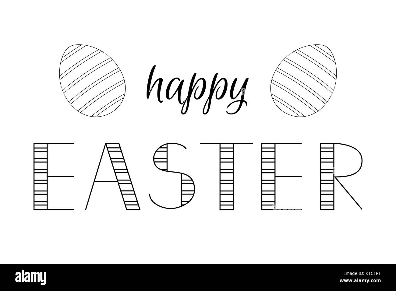 Happy Easter lettering and eggs for greeting card. Vector striped letterpress Stock Photo