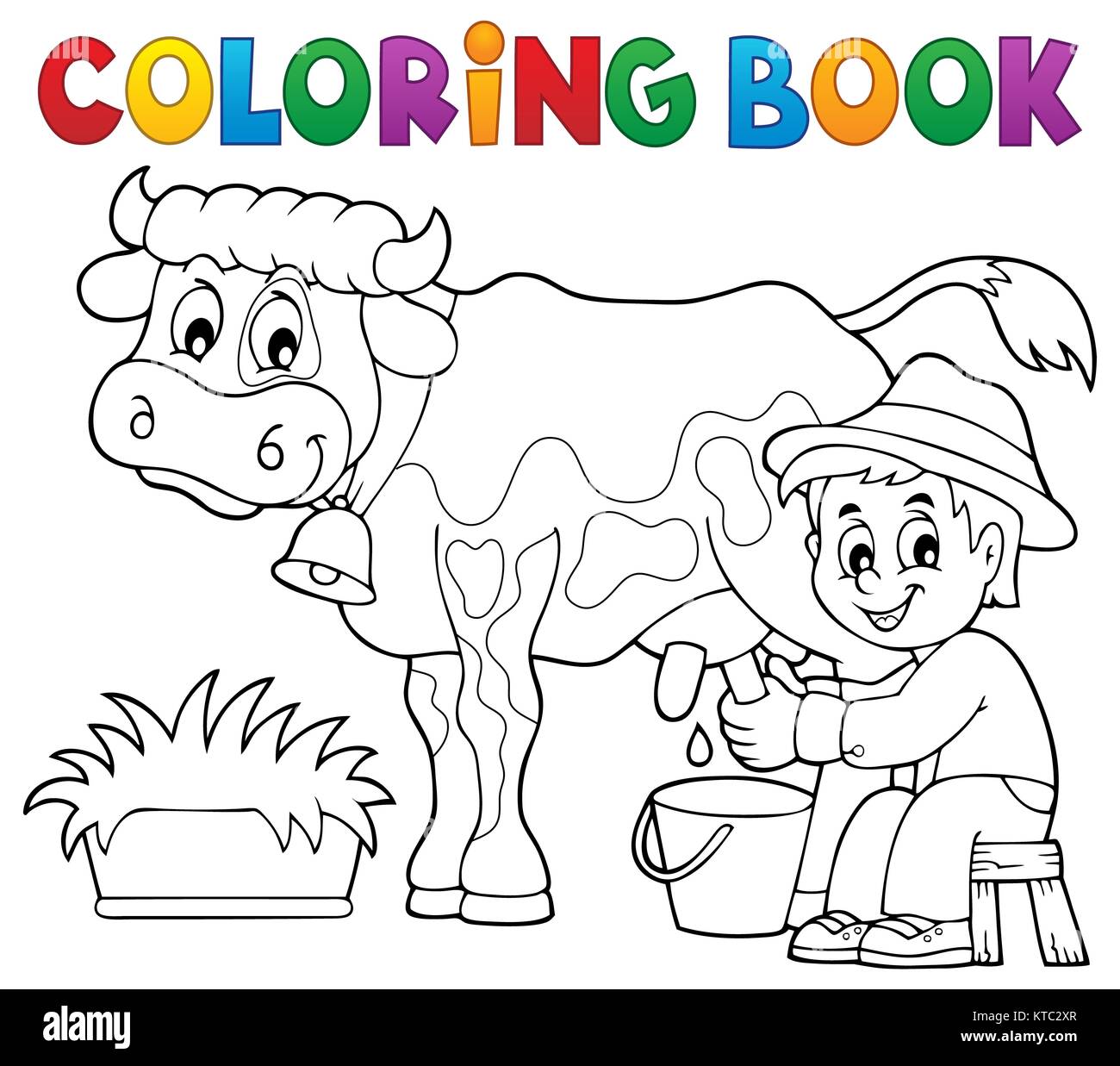 Coloring book farmer milking cow Stock Photo