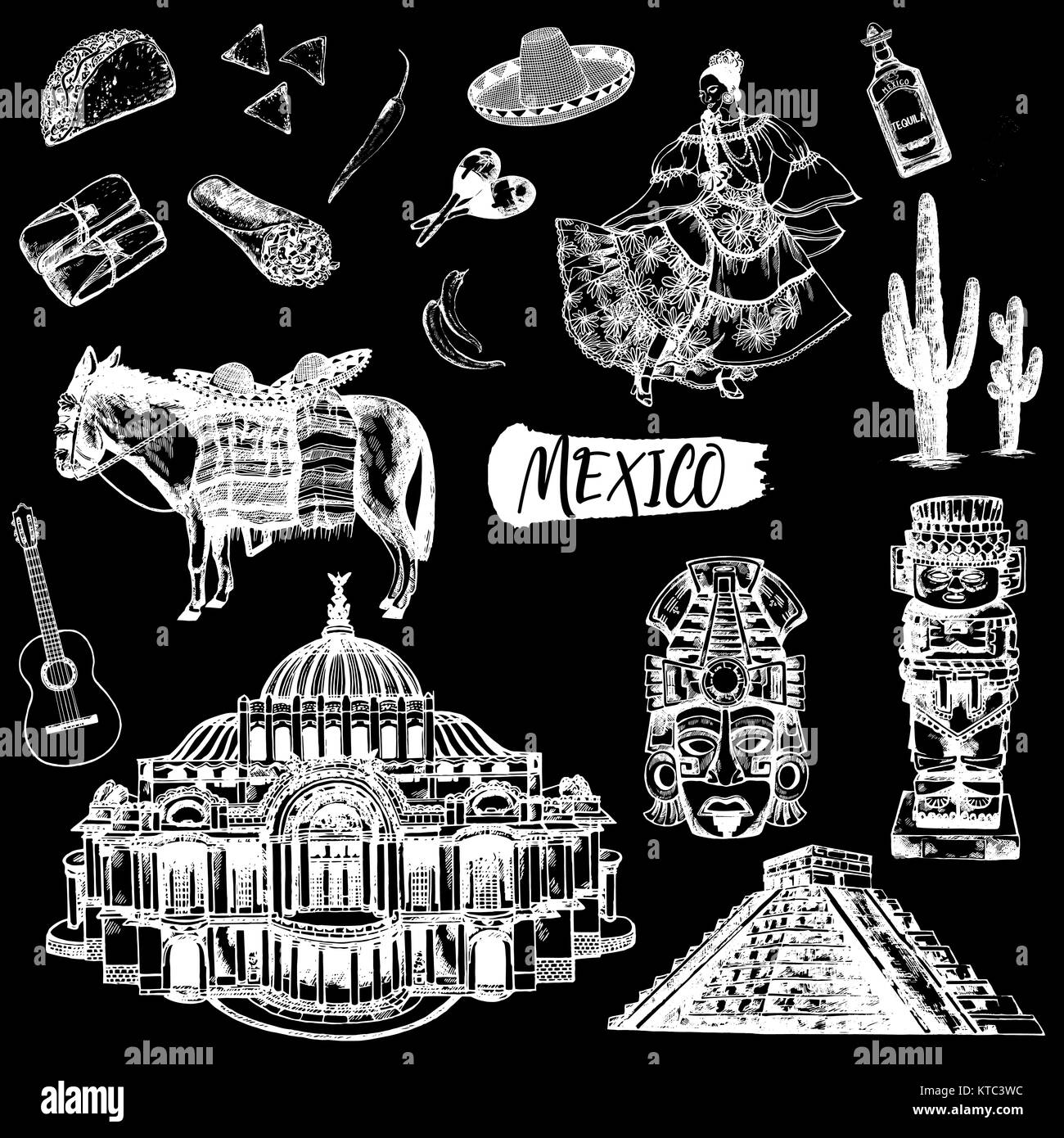 Hand drawn sketch style set of Mexican themed landmarks, food, drink, objects. Vector illustration isolated on black background. Stock Vector