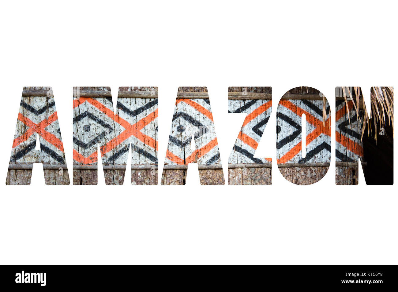 Word AMAZON over traditional hut. Stock Photo