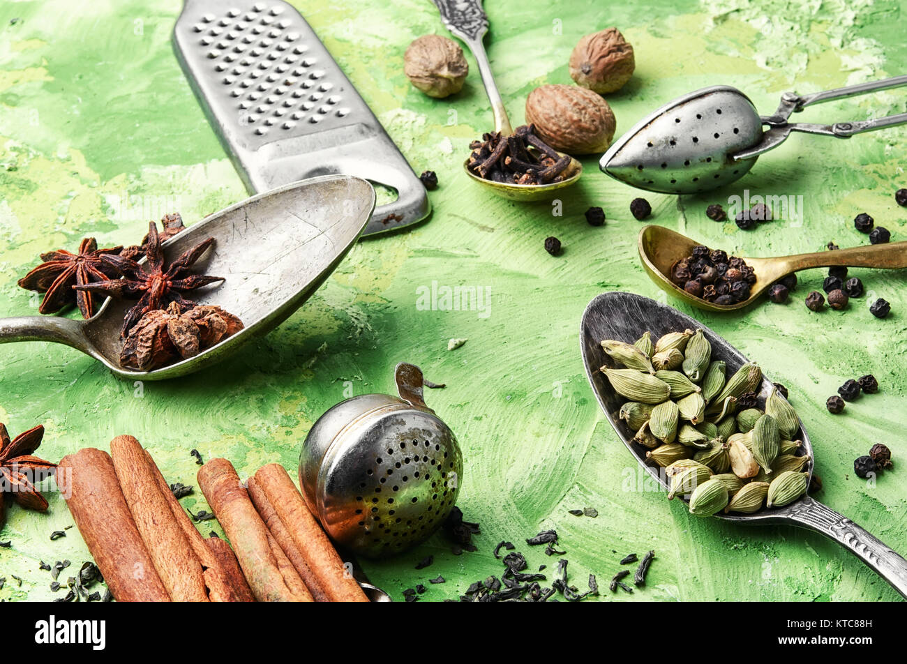 Set of spices of star anise ,cinnamon,cloves,nutmeg for warming teas