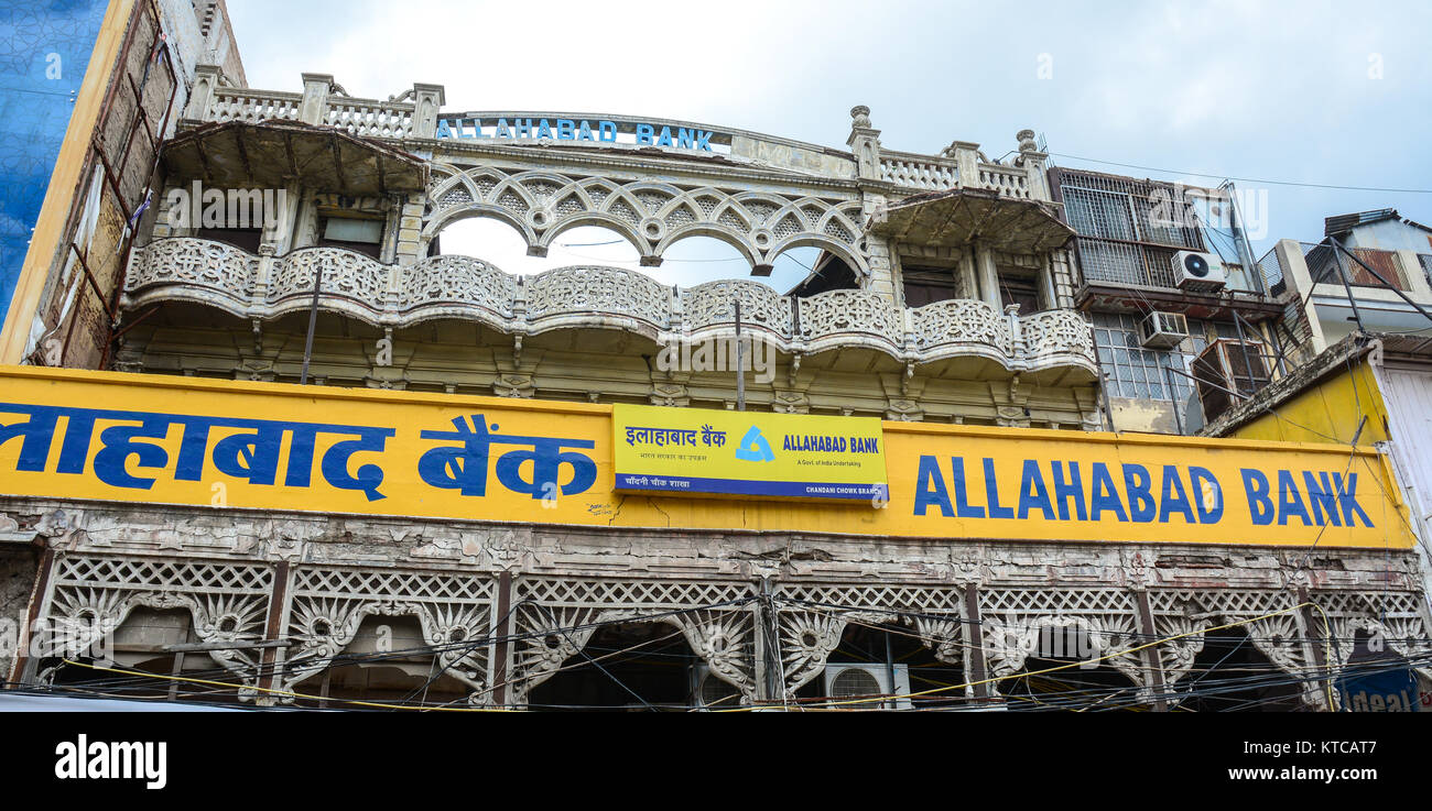 Delhi, India - Jul 26, 2015. Allahabad Bank located at the old market in Delhi, India. According to the 2011 census of India, the population of Delhi  Stock Photo