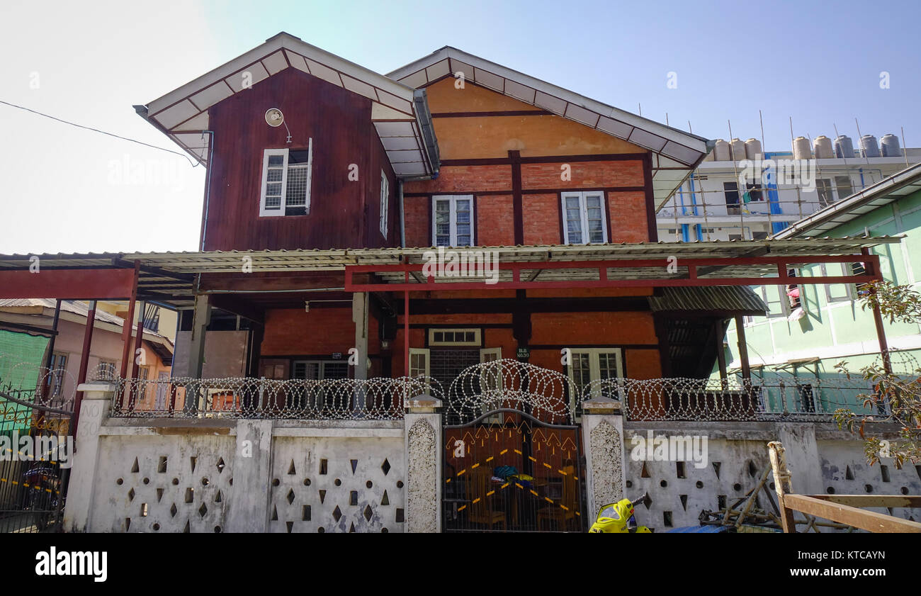 Pyin Oo Lwin, Myanmar Feb 12, 2017. Facade of a wooden house in Pyin