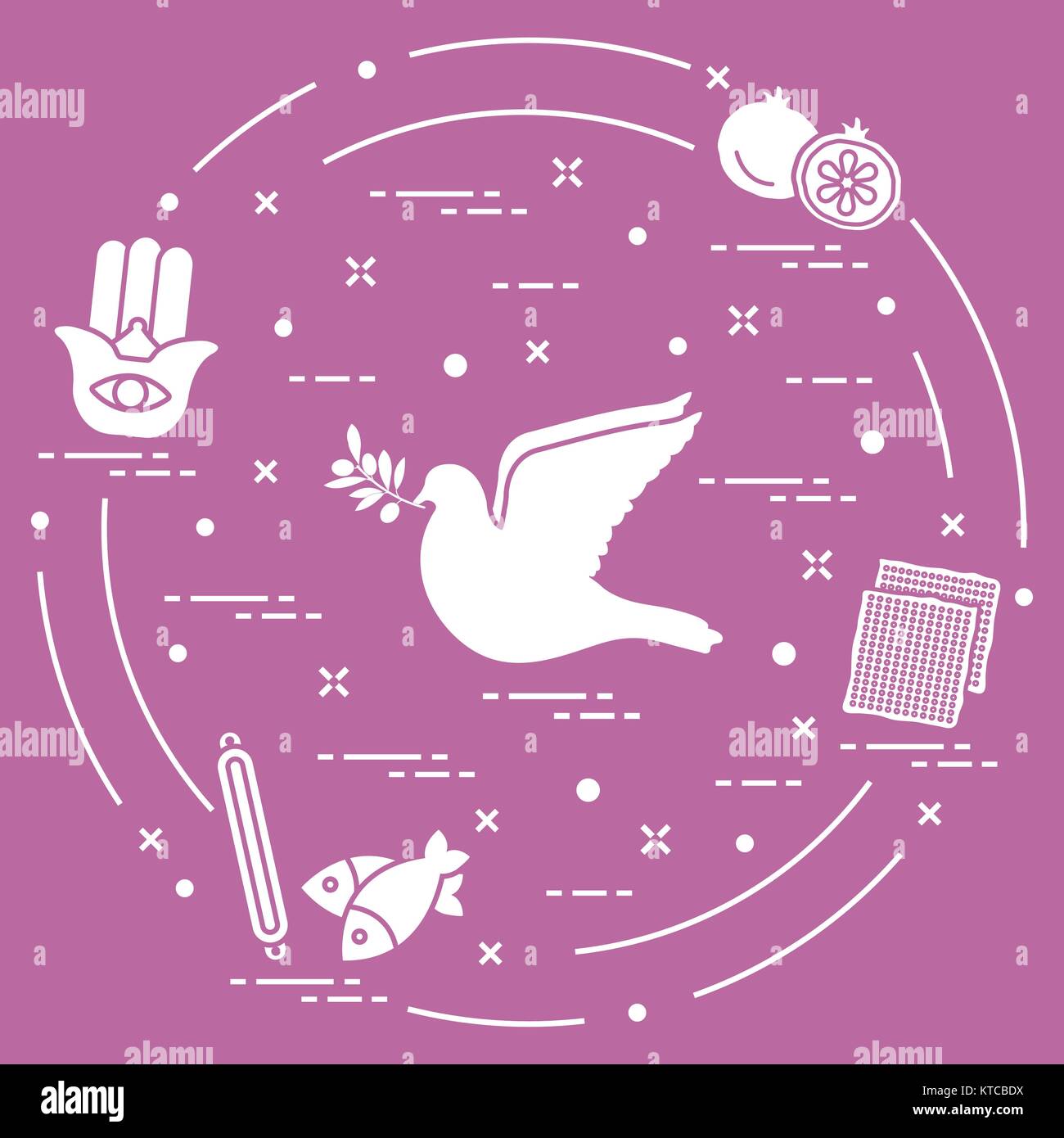 Jewish symbols dove, olive branch, pomegranate, matzah, fish, hamsa