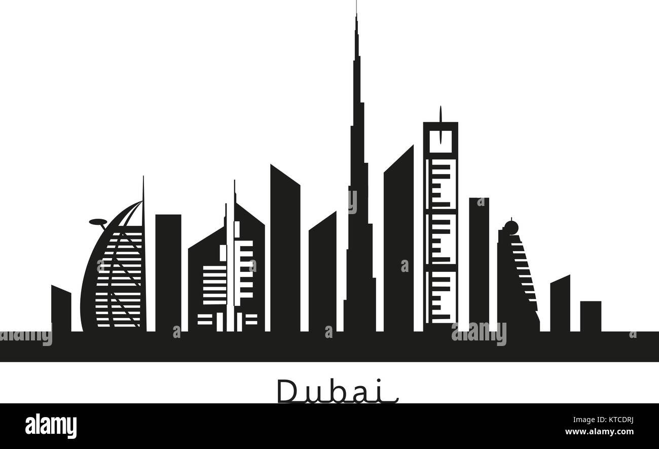 Dubai cityscape with skyscrapers and landmarks black silhouette vector illustration Stock Vector