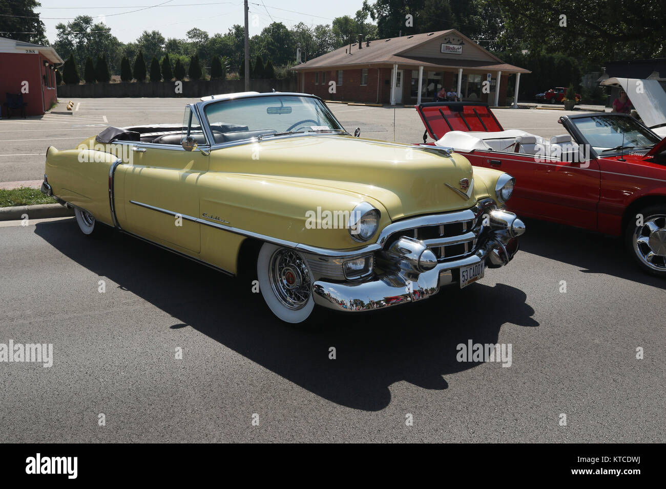 Auto- 1953 Cadillac. Convertible.  Yellow. Car Show at Centerville-Washington Township Americana Festival. Centerville, Dayton, Ohio, USA. 53CADDY Stock Photo