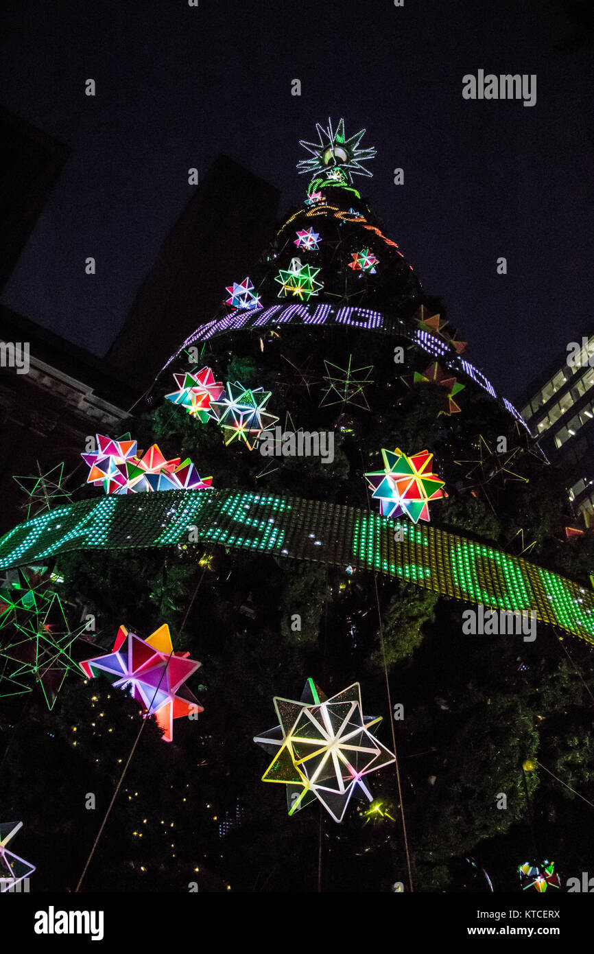 Looking up at the giant Christmas tree in Martin Place Sydney Stock