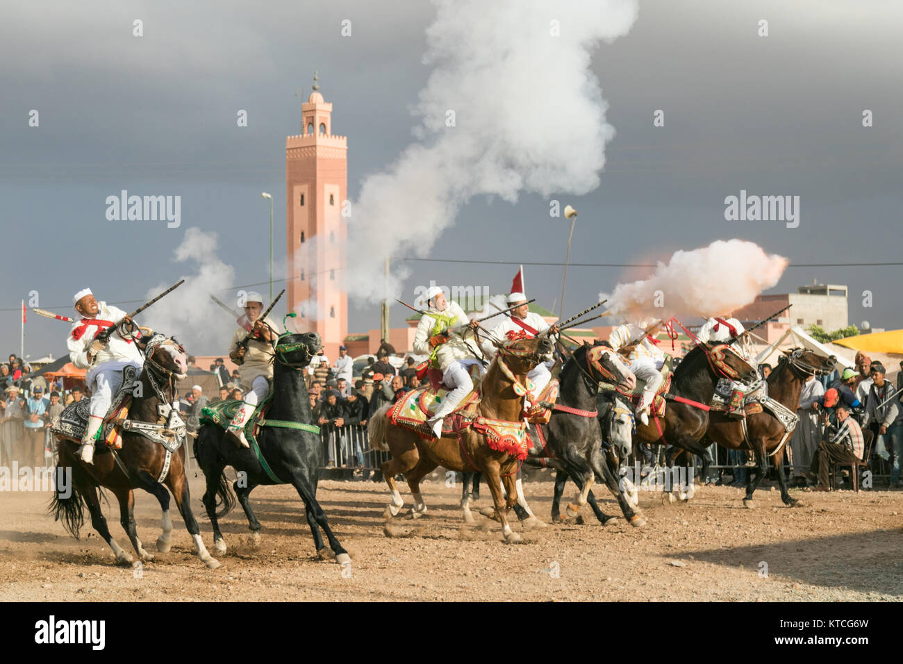 Tbourida equestrian festival with synchronized cavalry charges and musket firing Stock Photo