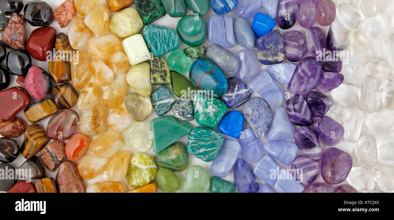 Healing Chakra Crystals Banner Chakra Colored Tumbled Healing Stones Laid In Neat Colour Coordinated Rows Creating A Crystal Healing Background Stock Photo Alamy