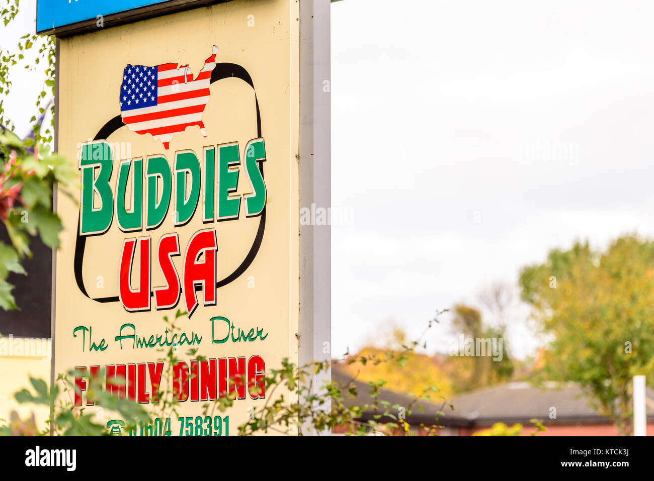 Northampton UK October 29, 2017: Buddies USA Restaurant logo sign in Sixfields Retail Park. Stock Photo