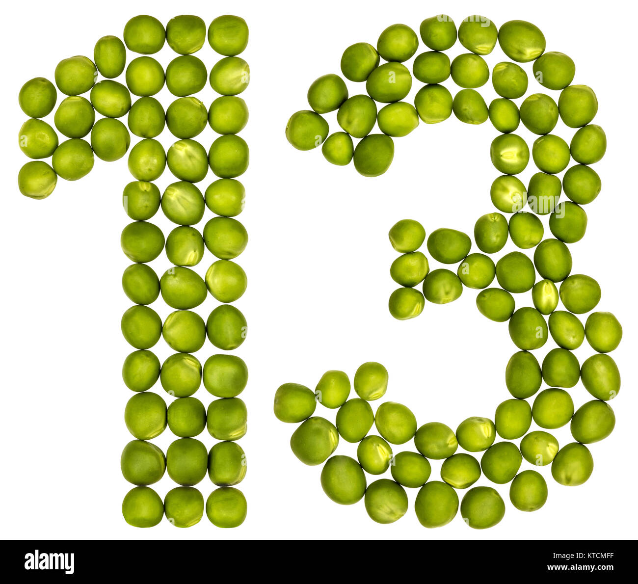 Arabic numeral 13, thirteen, from green peas, isolated on white