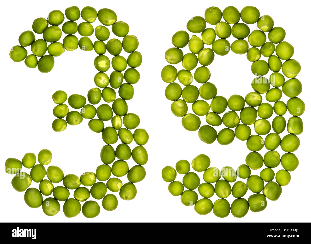 Arabic numeral 39, thirty nine, from green peas, isolated on white ...