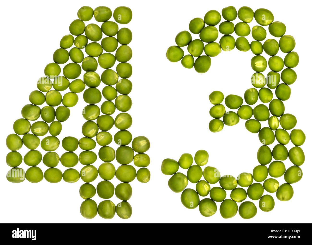 Arabic numeral 43, forty three, from green peas, isolated on white ...