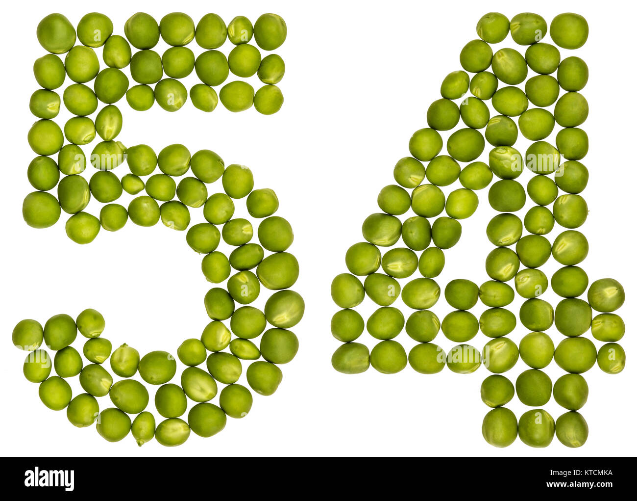 Arabic numeral 54, fifty four, from green peas, isolated on white ...