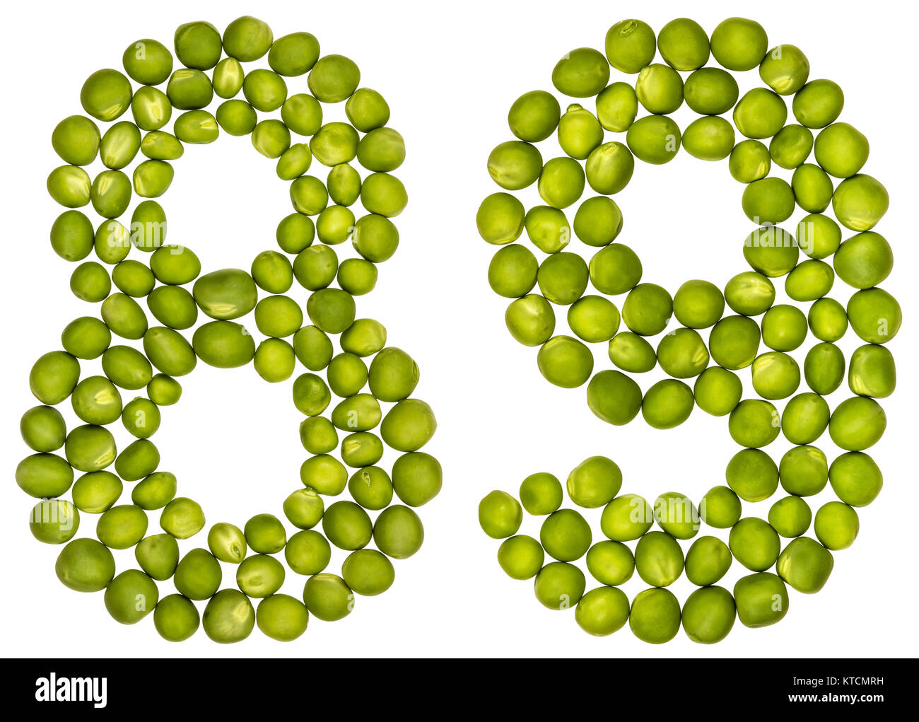 Arabic numeral 89, eighty nine, from green peas, isolated on white background Stock Photo