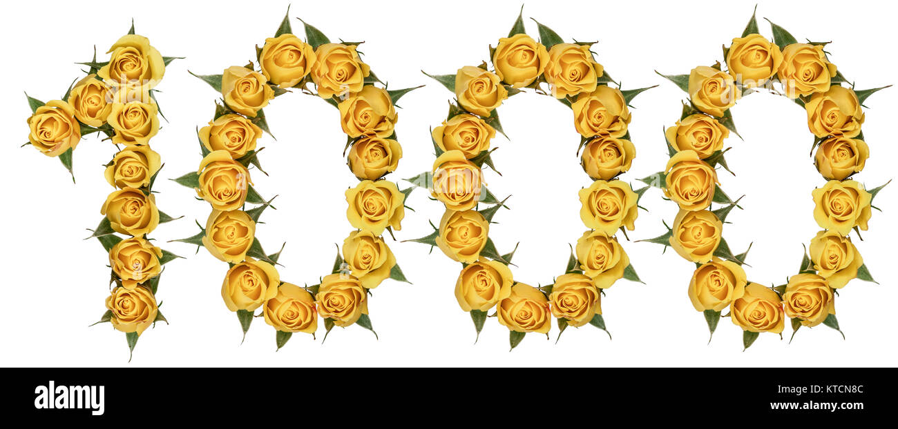 Arabic numeral 1000, one thousand, from yellow flowers of rose, isolated on white background Stock Photo