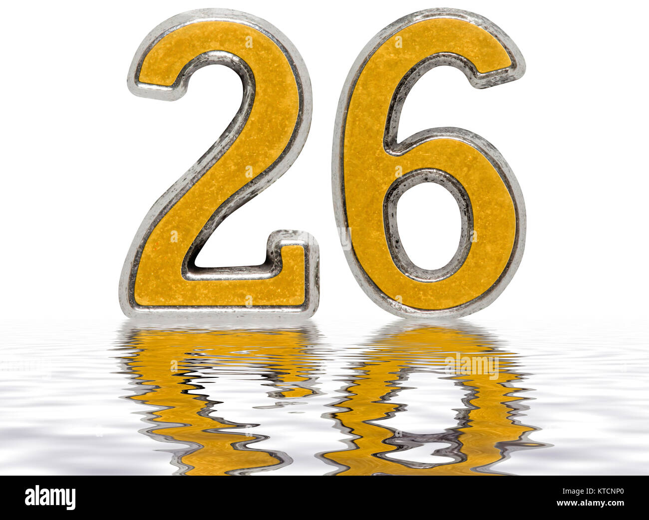 Numeral 26, twenty six, reflected on the water surface, isolated on ...