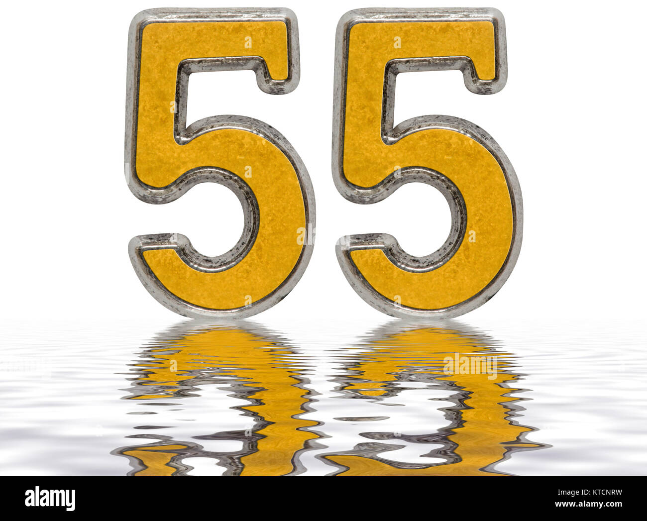 Numeral 55, fifty five, reflected on the water surface, isolated on