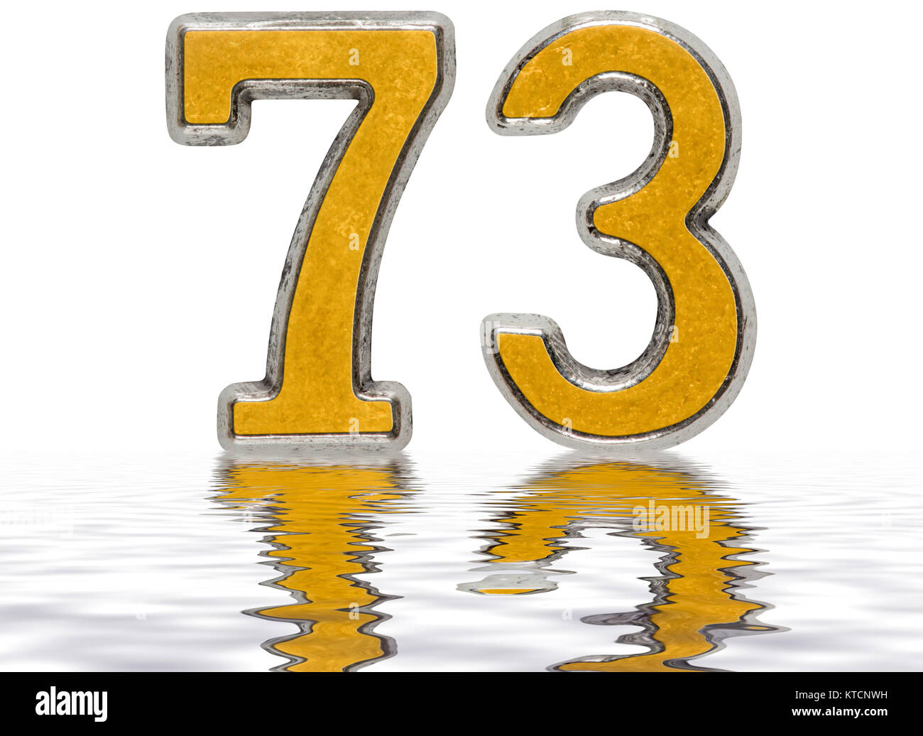 Numeral 73, seventy three, reflected on the water surface, isolated on ...