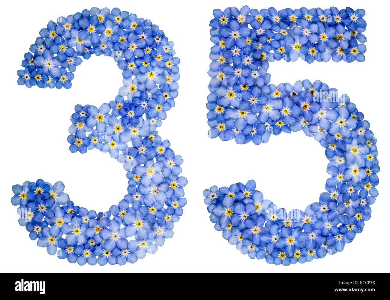 Arabic numeral 35, thirty five, from blue forget-me-not flowers ...