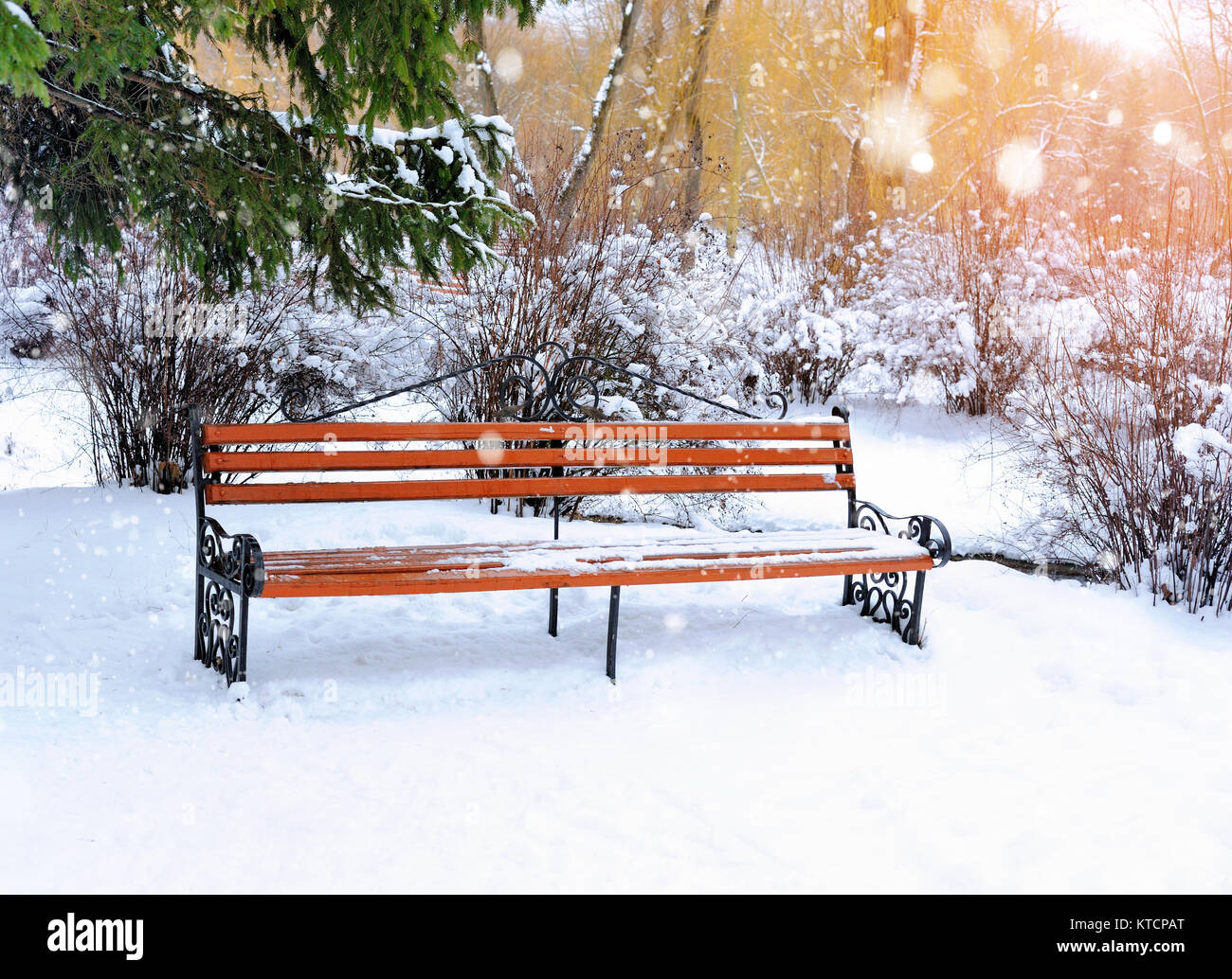 Bench in the park covered with snow Stock Photo - Alamy