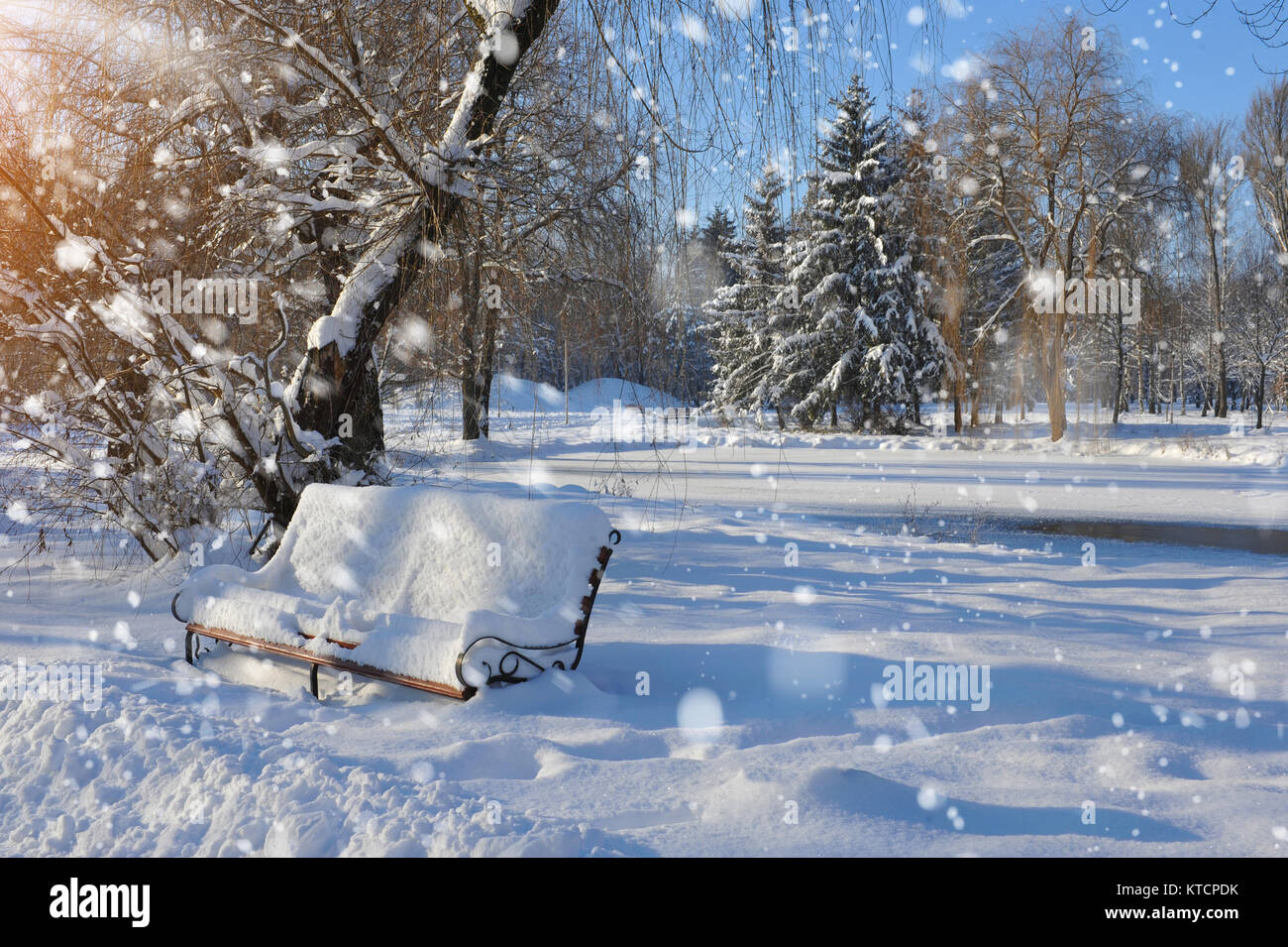 Bench in the park covered with snow Stock Photo - Alamy