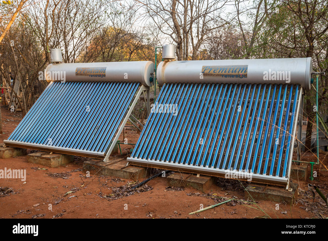 Solar powered water heater provides hot water to guest rooms at an eco-lodge Olympe du Bemaraha near Tsingy National Park. Madagascar, Africa. Stock Photo