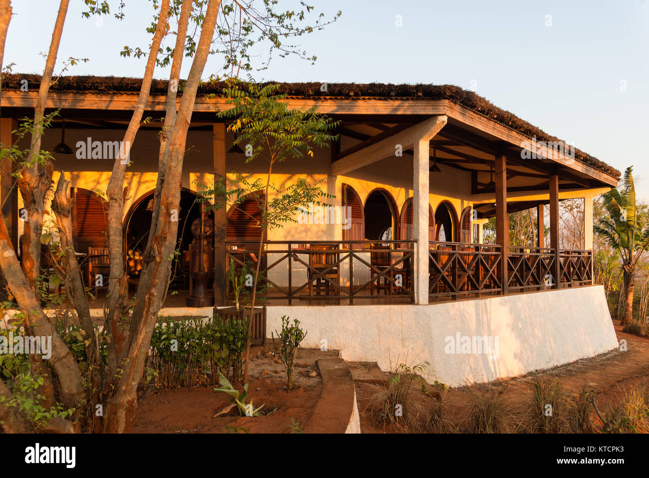 Open patio outside the main lobby at an eco-lodge Olympe du Bemaraha near Tsingy de Bemahara National Park. Madagascar, Africa. Stock Photo