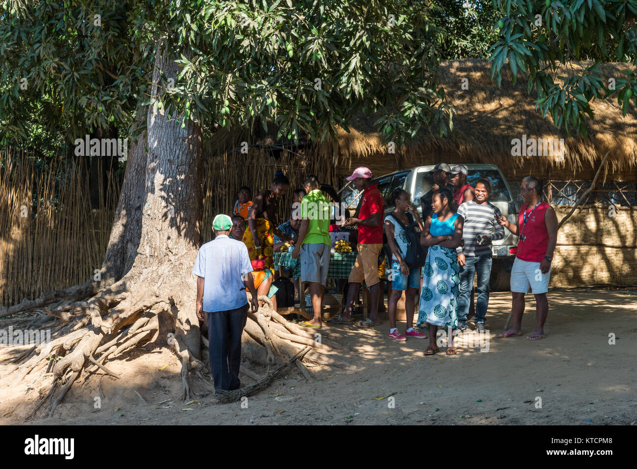 Local Malagasy people gathering under a tree in a village. Madagascar, Africa. Stock Photo