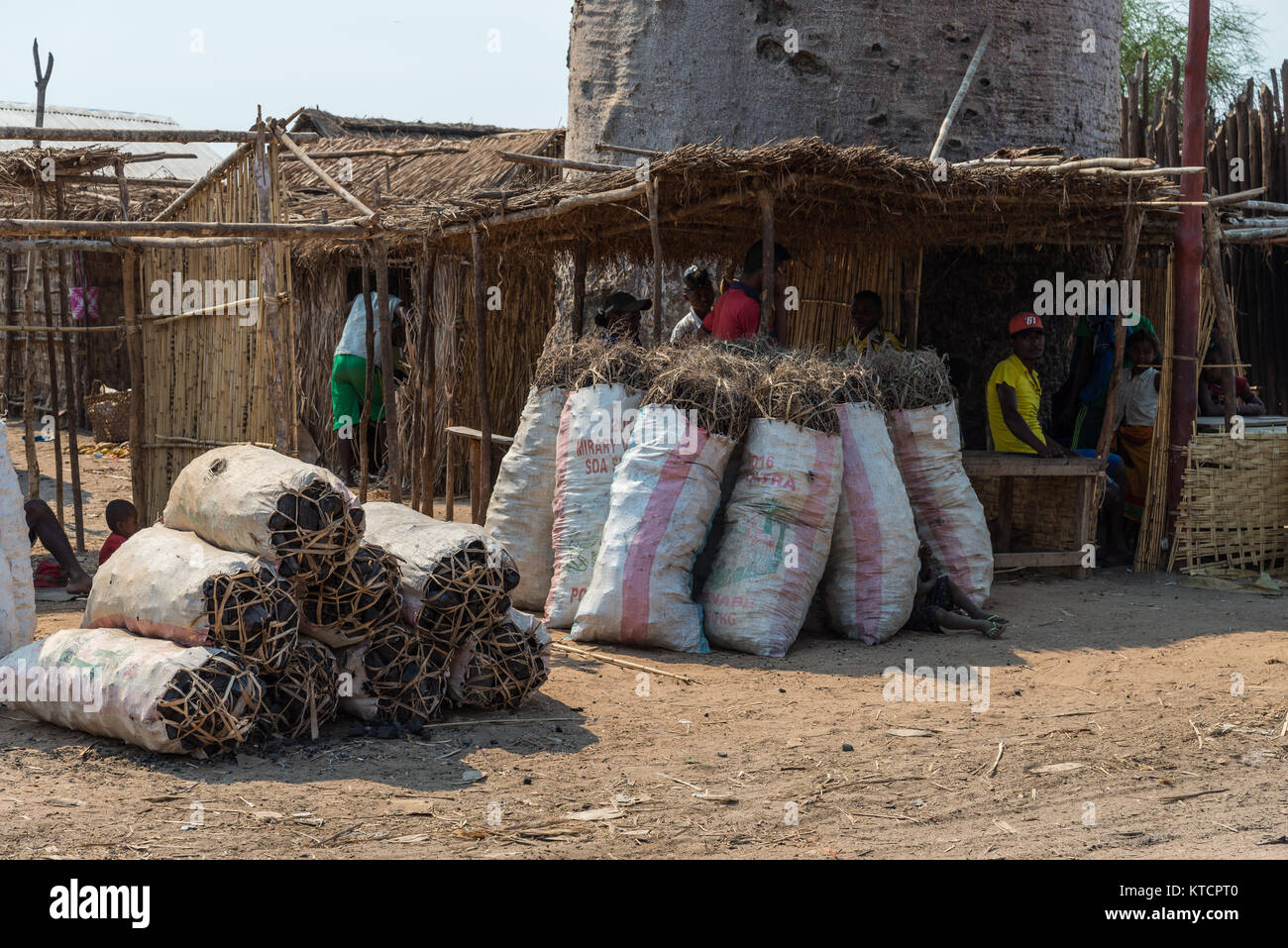 Sacks full of charcoal for sale. It's the main source of cooking fuel in rural Madagascar, Africa. Stock Photo