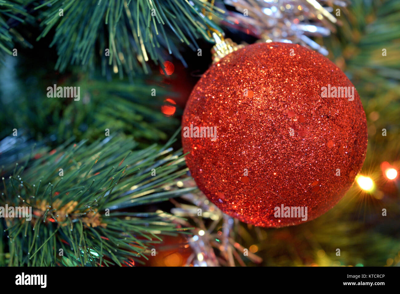 christmas balls on tree with lights and stars Stock Photo - Alamy