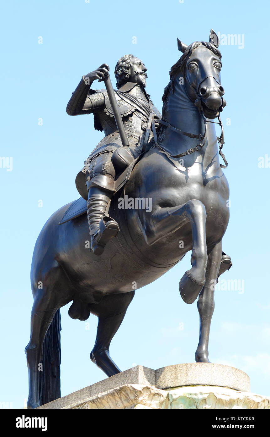 Bronze equestrian statue of Charles I by Hubert Le Sueur in Trafalgar Square Charing Cross Westminster, London, UK. Space for copy Stock Photo