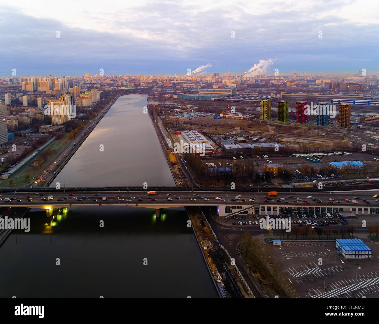 Nagatinskaya embankment and Andropov Avenue with a bridge at dawn. Aerial photography. Stock Photo