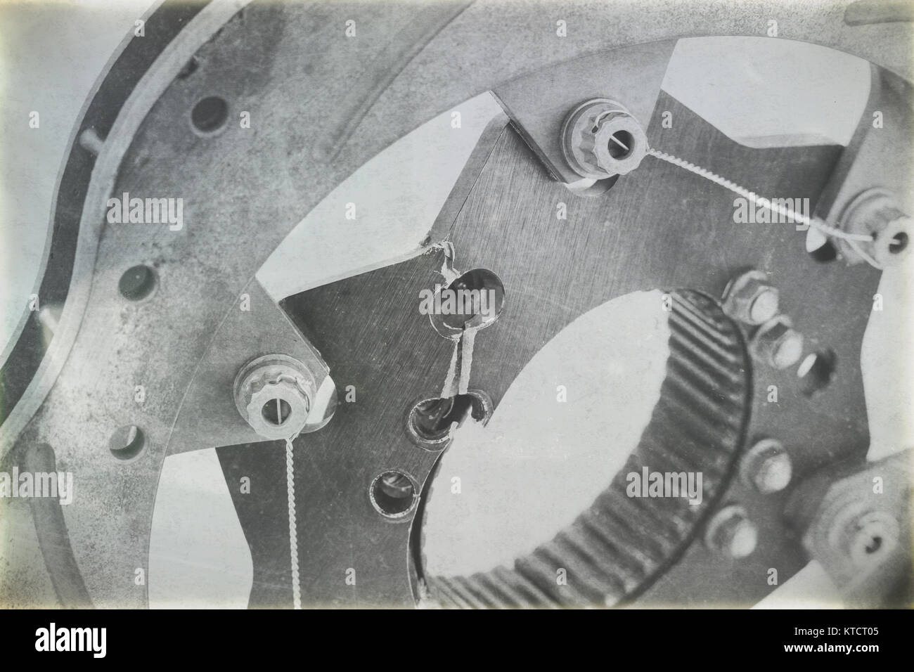 Broken, cracked and warped racing brake rotor. Analog filter applied