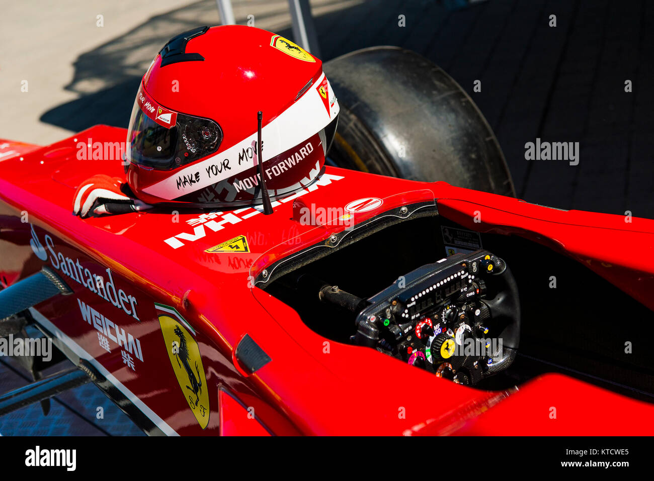 Lviv, Ukraine - Juny 6, 2015: Cockpit of the Ferrari F1  bolide on display at  in the championship of Ukraine drifting in Lviv. Stock Photo