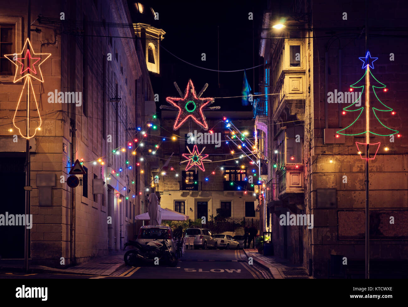 Authentic Street of old city Malta in the Christmas night Stock Photo
