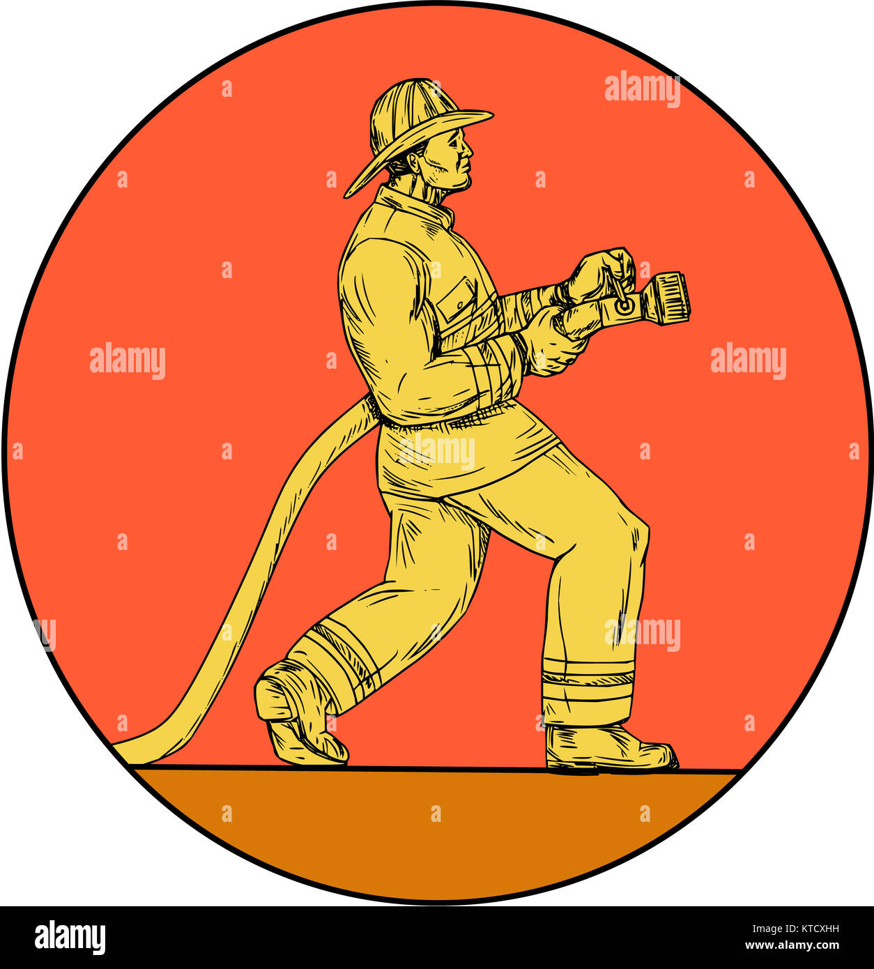 Fireman Firefighter Holding Fire Hose Circle Drawing Stock Photo - Alamy