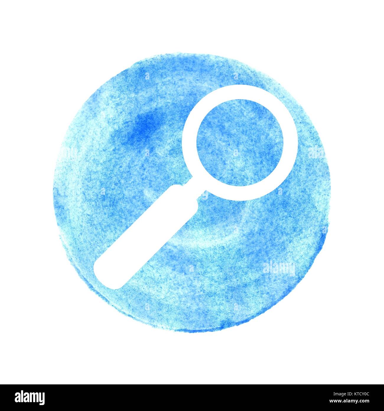 Runder isolierter blauer Kreis aus Wasserfarbe und Lupen Symbol Stock Photo