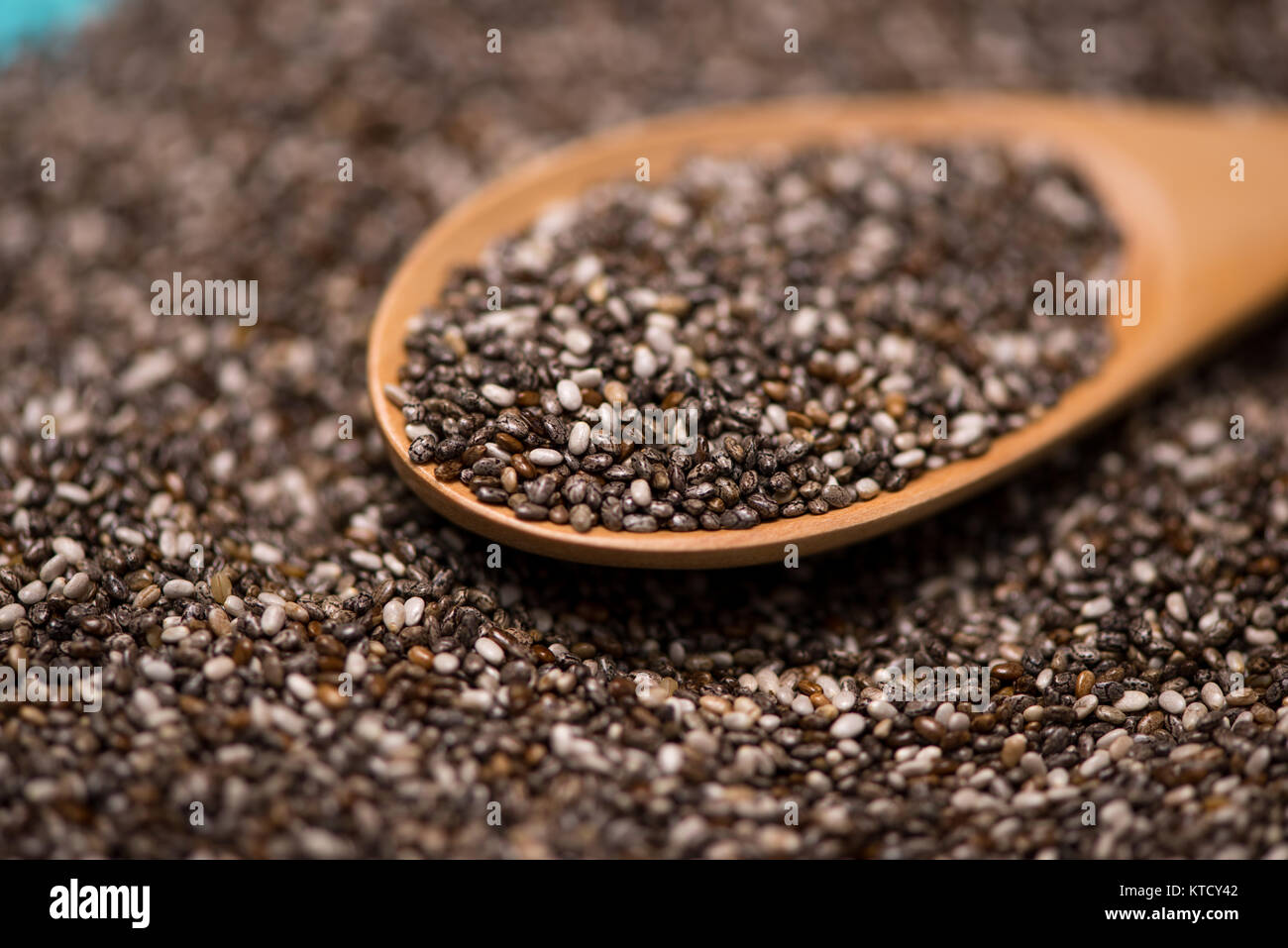 Close-up of ealthy chia seeds in a spoon. Text space. Stock Photo