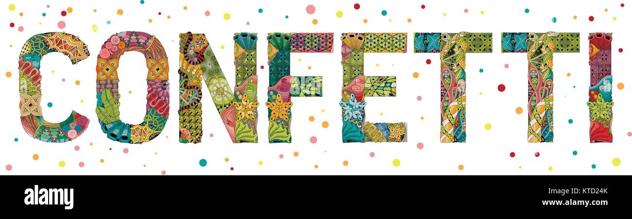Hand-painted art design. Hand drawn illustration word CONFETTI for