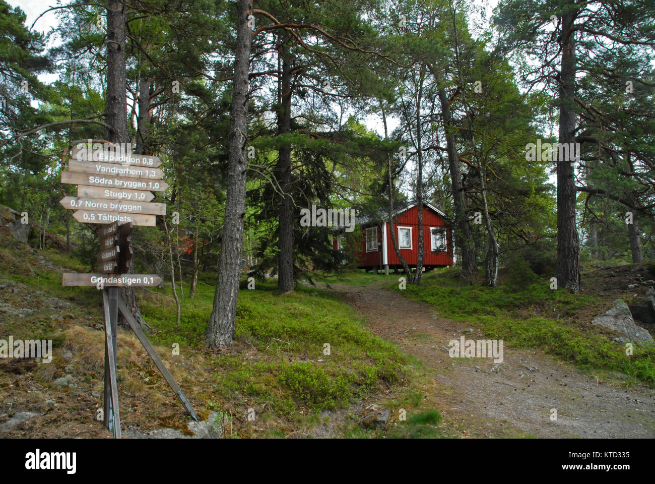 Signposts in front of red house on Grinda island near Stockholm Stock Photo