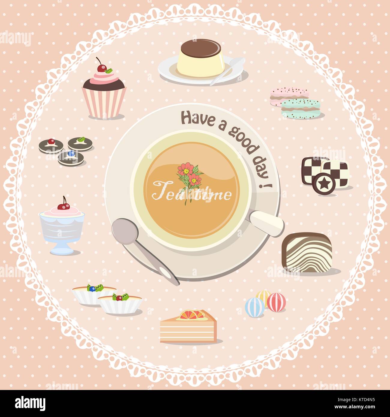 Tea time with dessert collection, including candy, cake, cookies etc