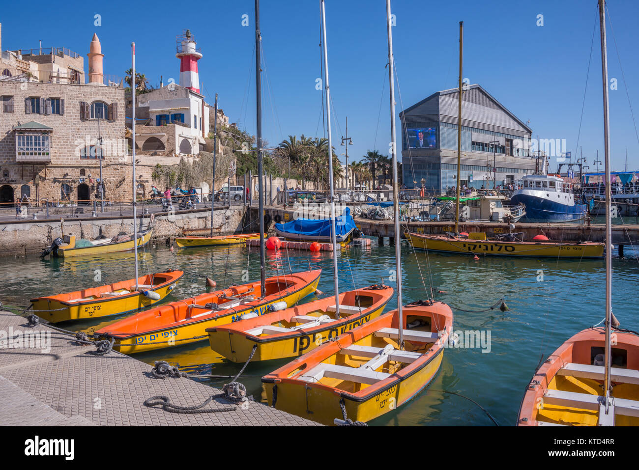 Sport boats in the historic port of Yafo near Tel-Aviv in Israel Stock Photo