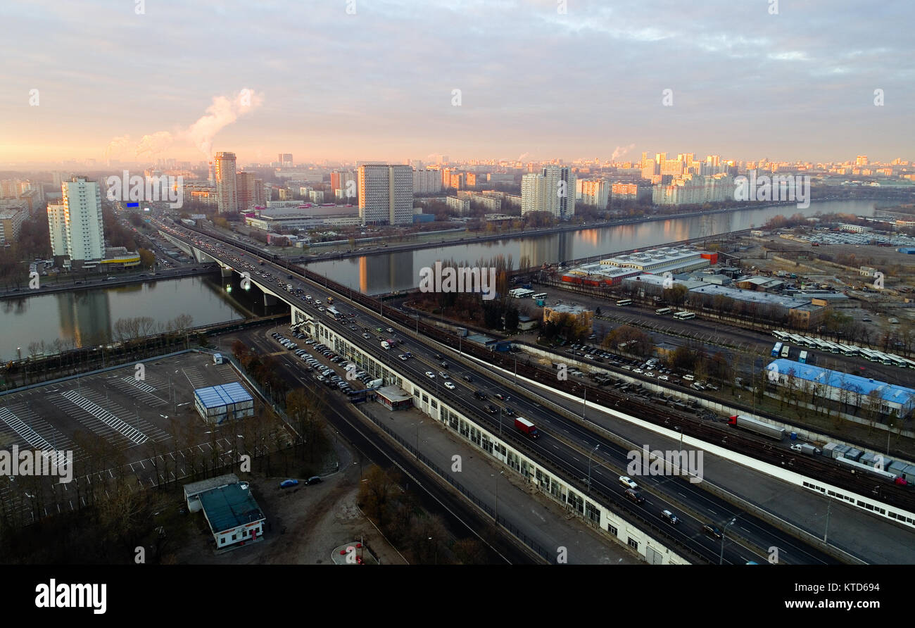 Andropov Avenue in Moscow at dawn. Aerial photography. Stock Photo