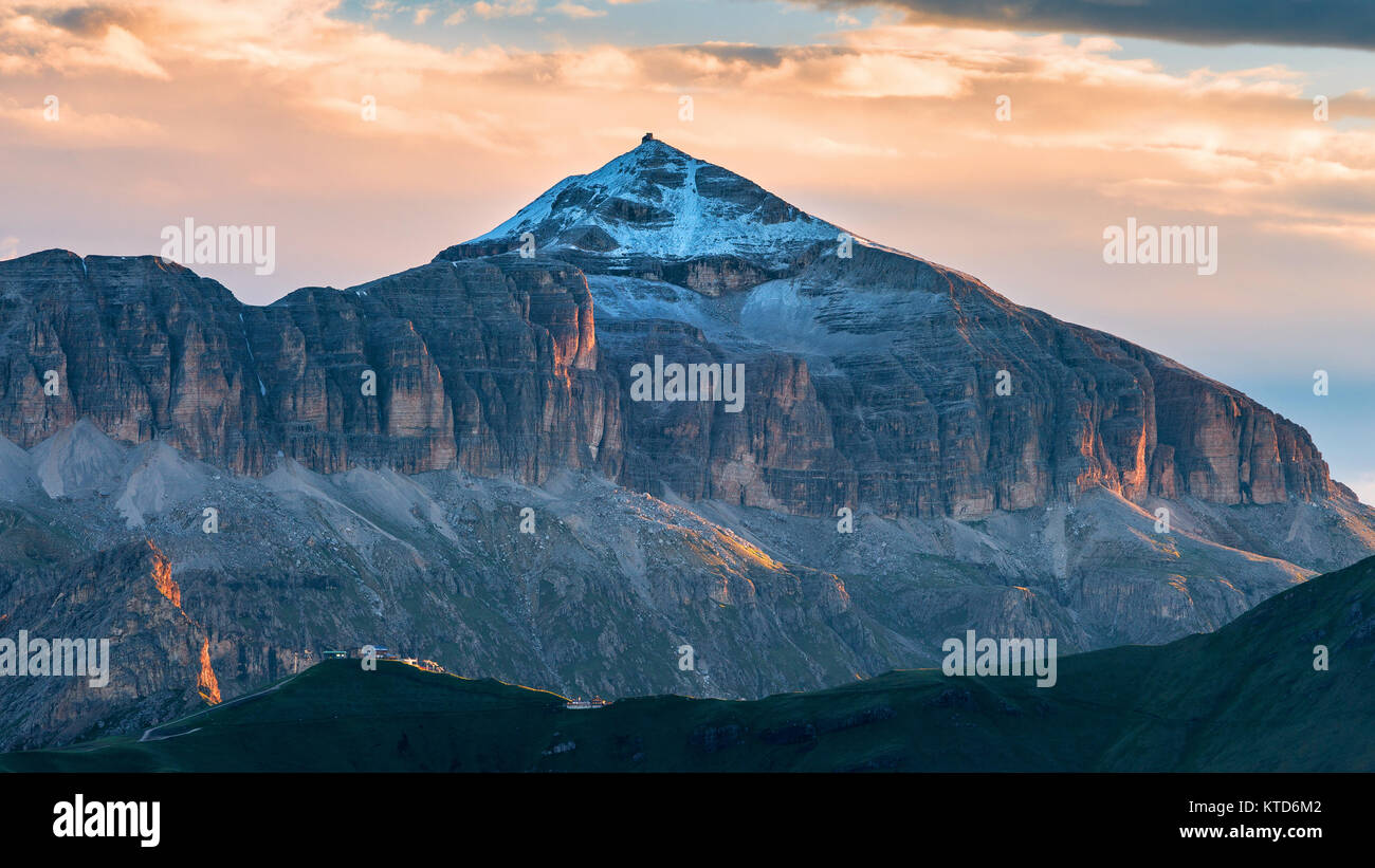 Sunlight at sunrise. The Sella mountain group. Piz Boè peak. The Gardena  Dolomites. Italian Alps. Europe. Stock Photo